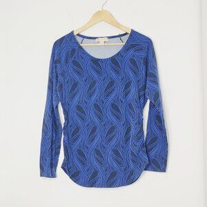 Michael Kors Women Blue Black Cotton Blend Casual Chic Long Sleeve Blouse Size L